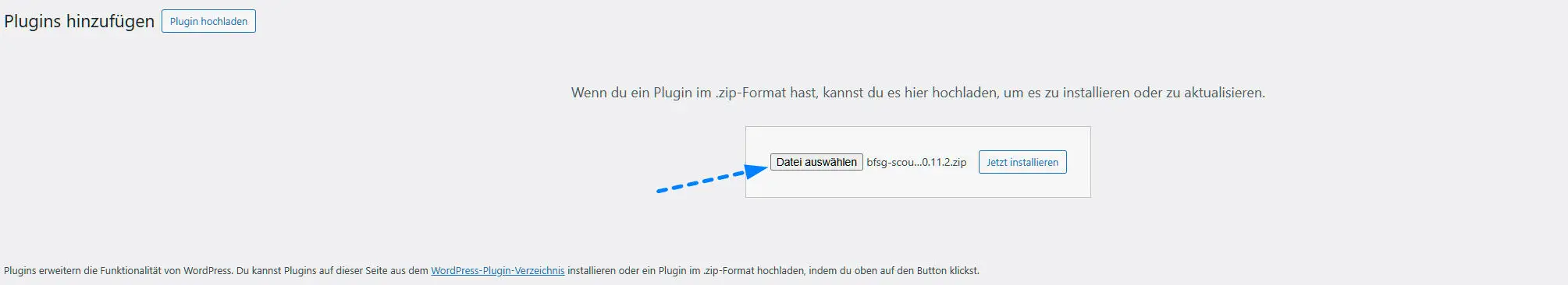 WordPress-Plugins-Seite mit hervorgehobenem Plugin-hochladen-Button