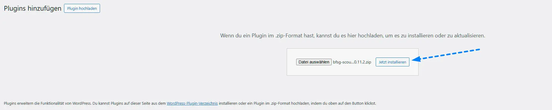 Upload-Dialog mit ausgewählter ZIP-Datei und Jetzt-installieren-Button