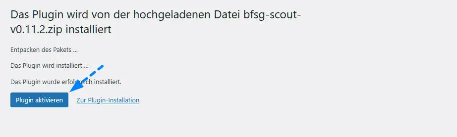 Erfolgs-Seite nach Plugin-Upload mit Plugin-aktivieren-Button