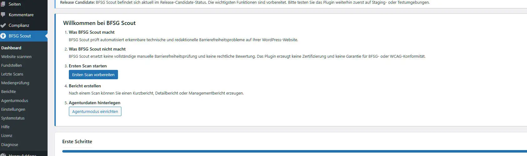 Linkes WordPress-Admin-Menü mit hervorgehobenem BFSG-Scout-Eintrag