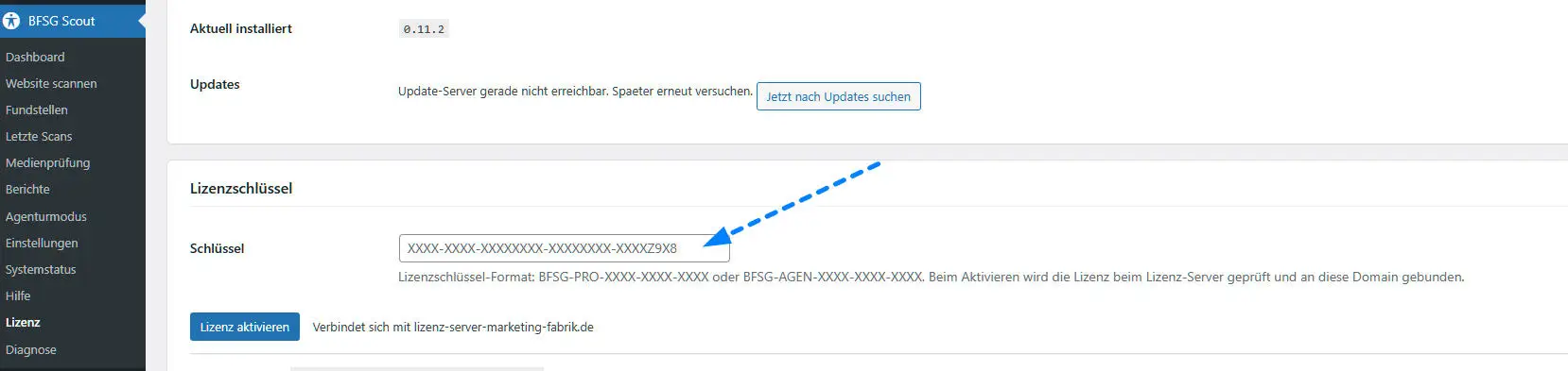 BFSG-Scout-Lizenz-Seite vor Eingabe des Schlüssels