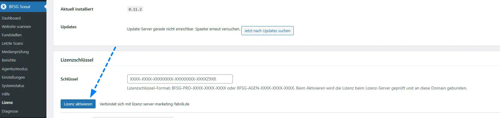 Lizenz-Seite mit eingegebenem Schlüssel und Lizenz-aktivieren-Button