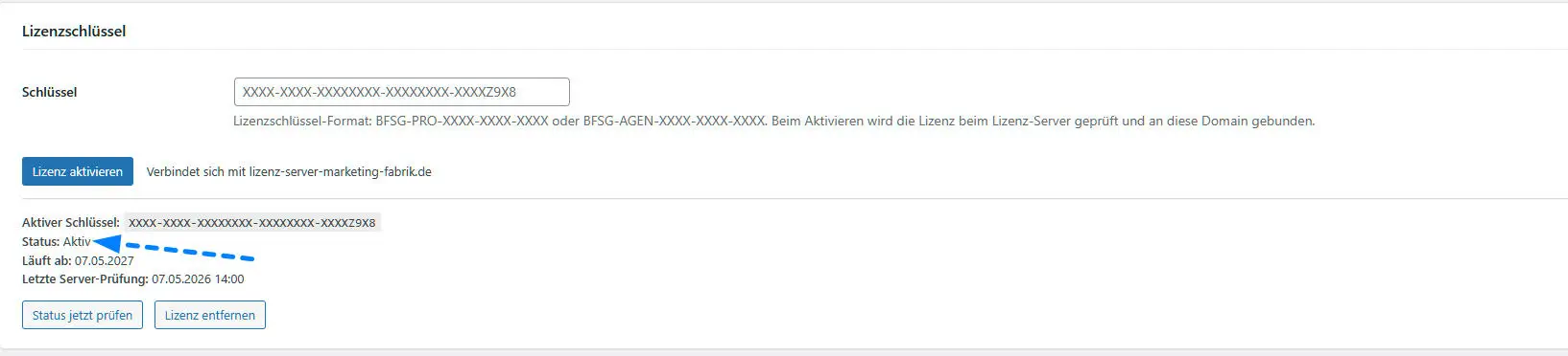 Lizenz-Seite nach erfolgreicher Aktivierung mit grünem Aktiv-Badge