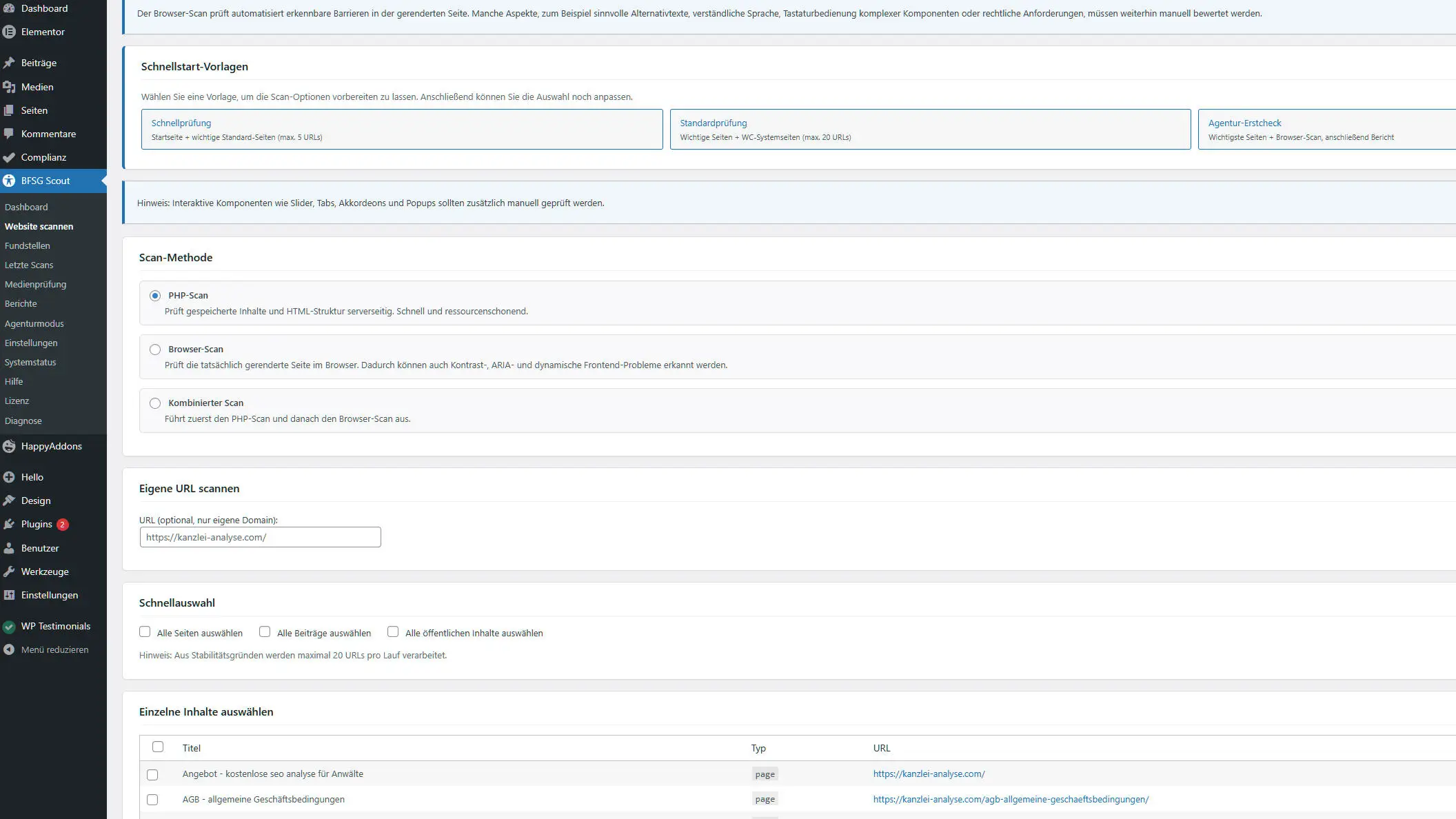 Website-scannen-Seite mit eingegebener URL und Scan-Optionen