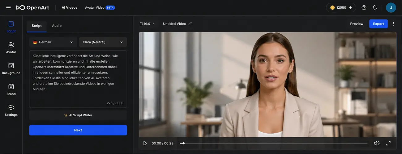 Beispielhafte Editor-Ansicht eines Avatar-Video-Tools
